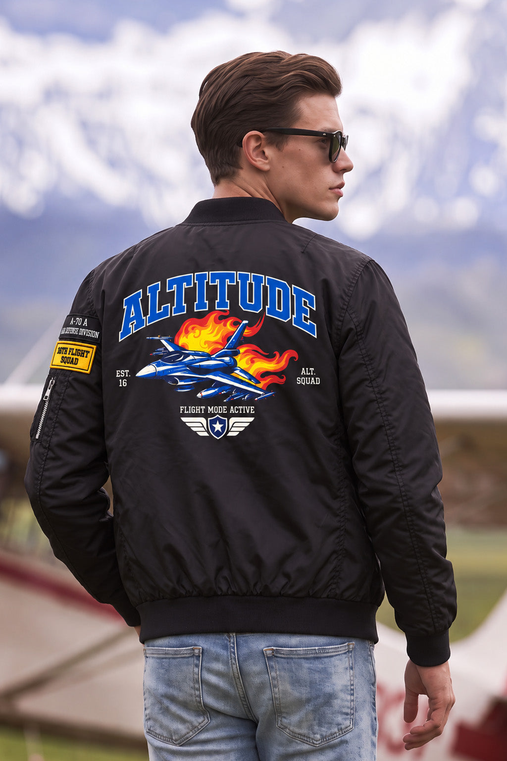 Altitude Black Multi-Patch Detailed Full Sleeve Zip-Up Pilot Jacket