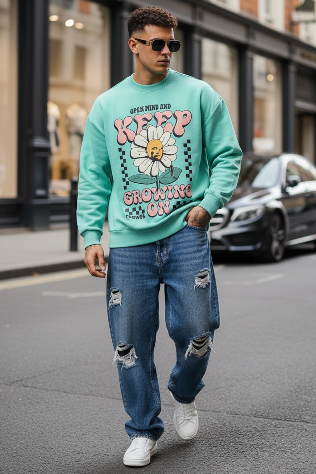 Keep Growing Green Front Printed Regular Fit Sweatshirt