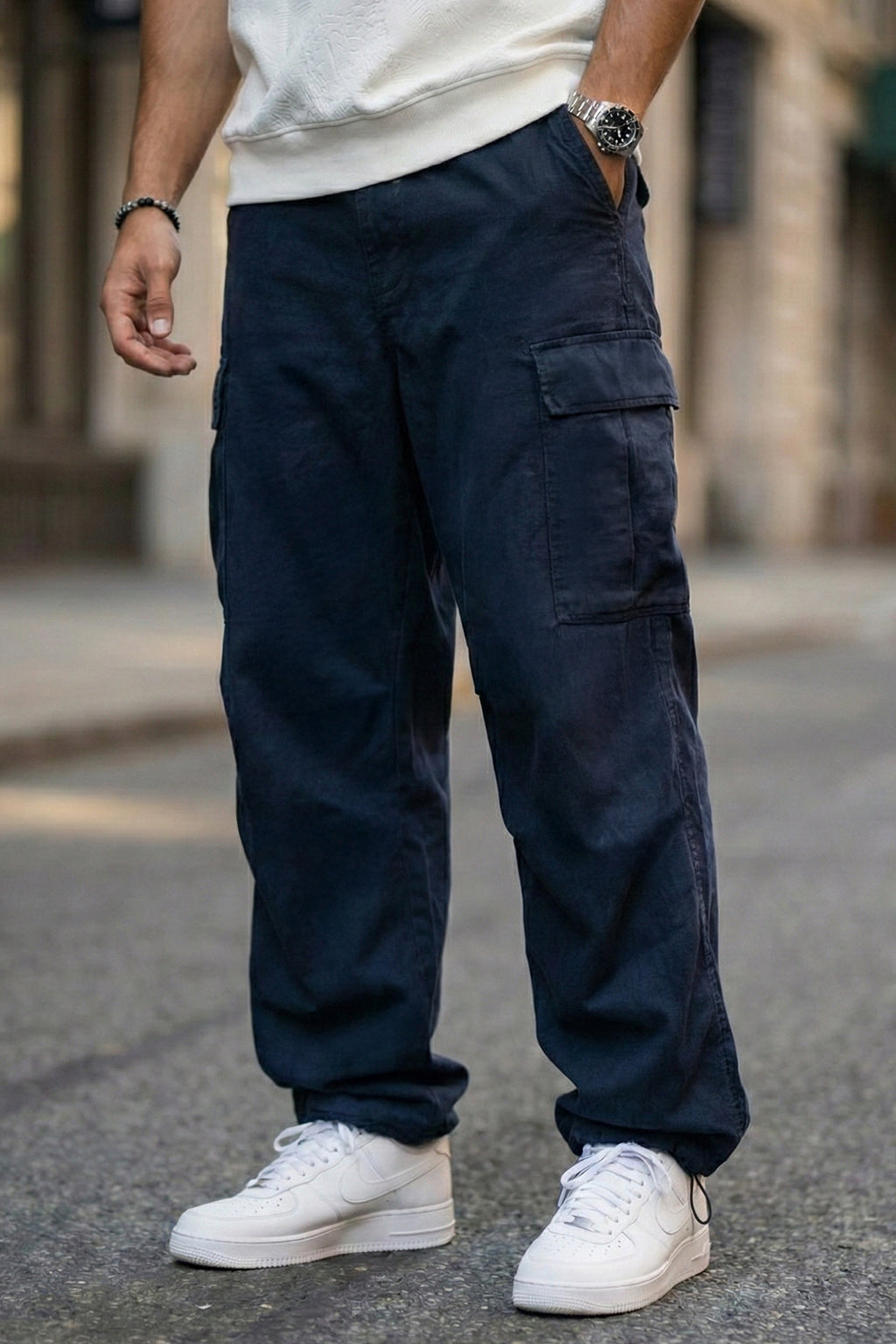 Navy 5 Pocket Woven Straight Fit Exclusive Cargo Pant With Adjustable Ankle