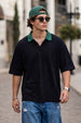 Black Plain Oversized Polo T-shirt