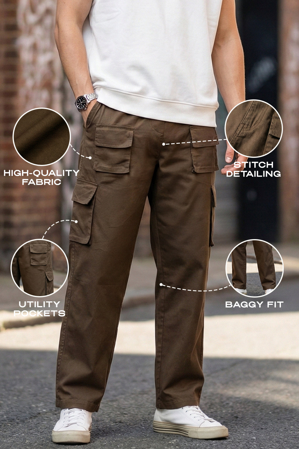 Brown Pure Cotton Baggy Fit 6 Pocket Cargo