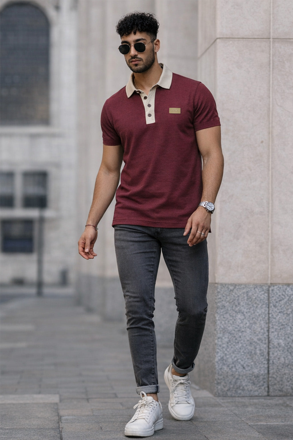 Maroon Contrast Collar Economic Regular Fit Pique Polo