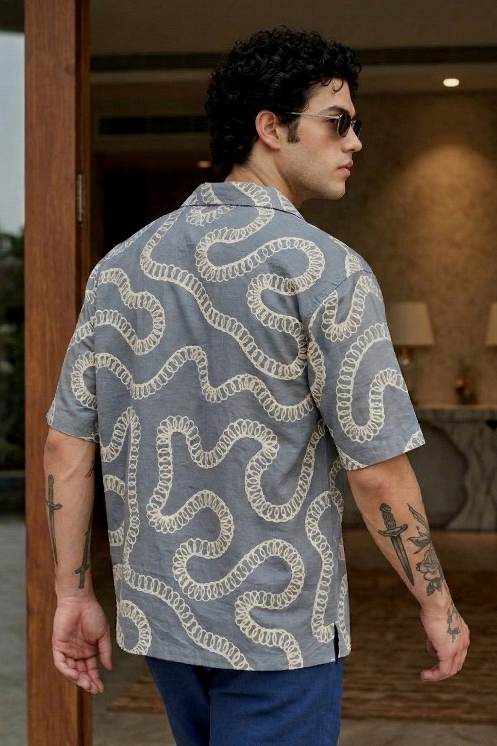 Abstract Grey Embroidered Oversized Exclusive Shirt