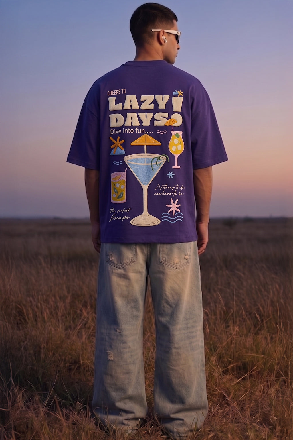 Lazy Days Skipper Blue Oversized Puff Printed Exclusive T-shirt