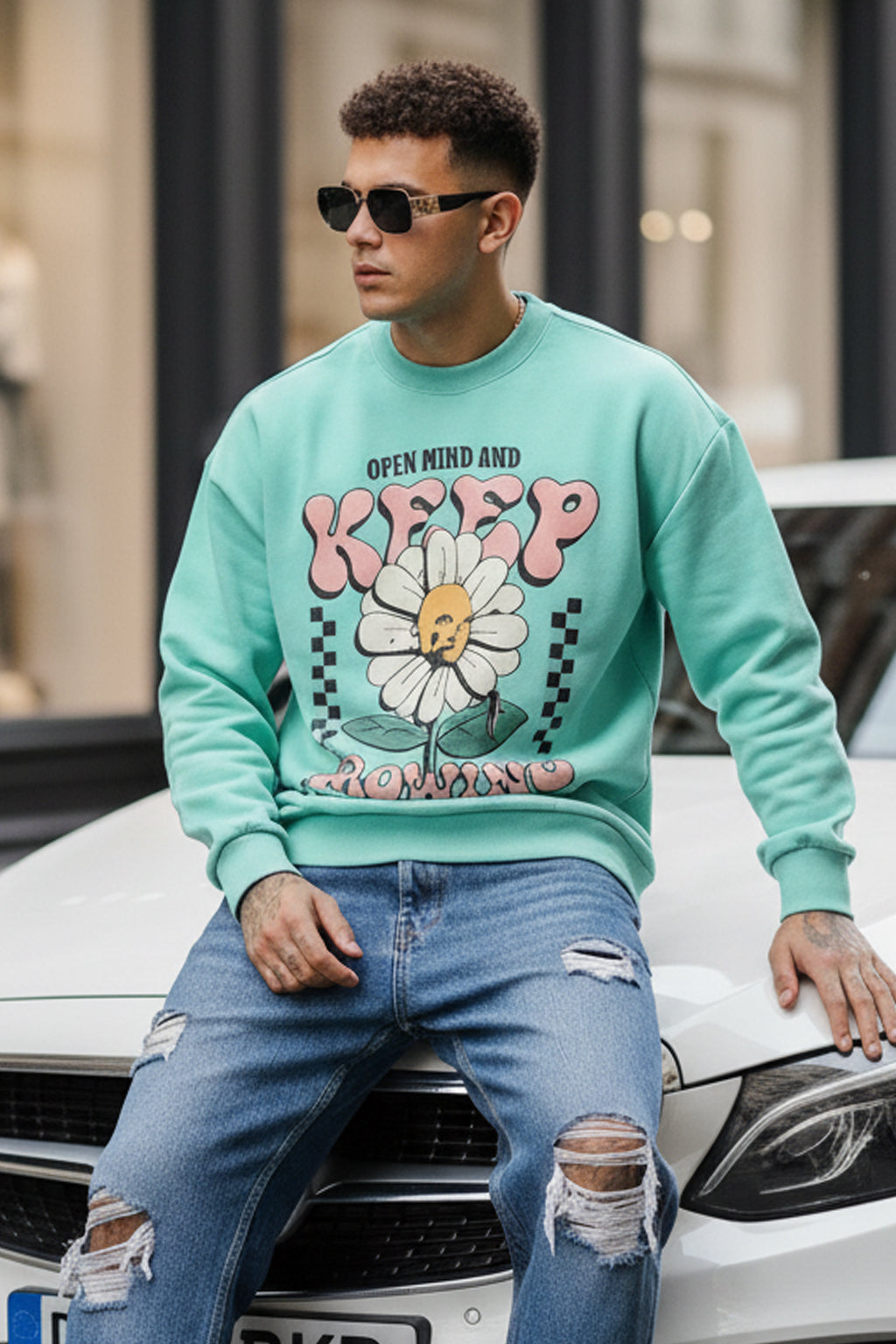 Keep Growing Green Front Printed Regular Fit Sweatshirt