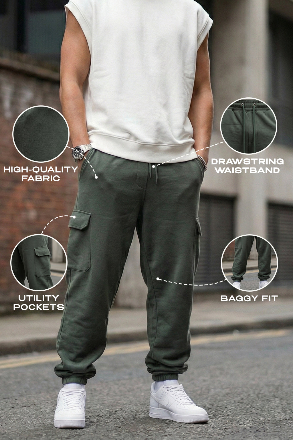 Grey Solid Baggy Fit Cargo Joggers