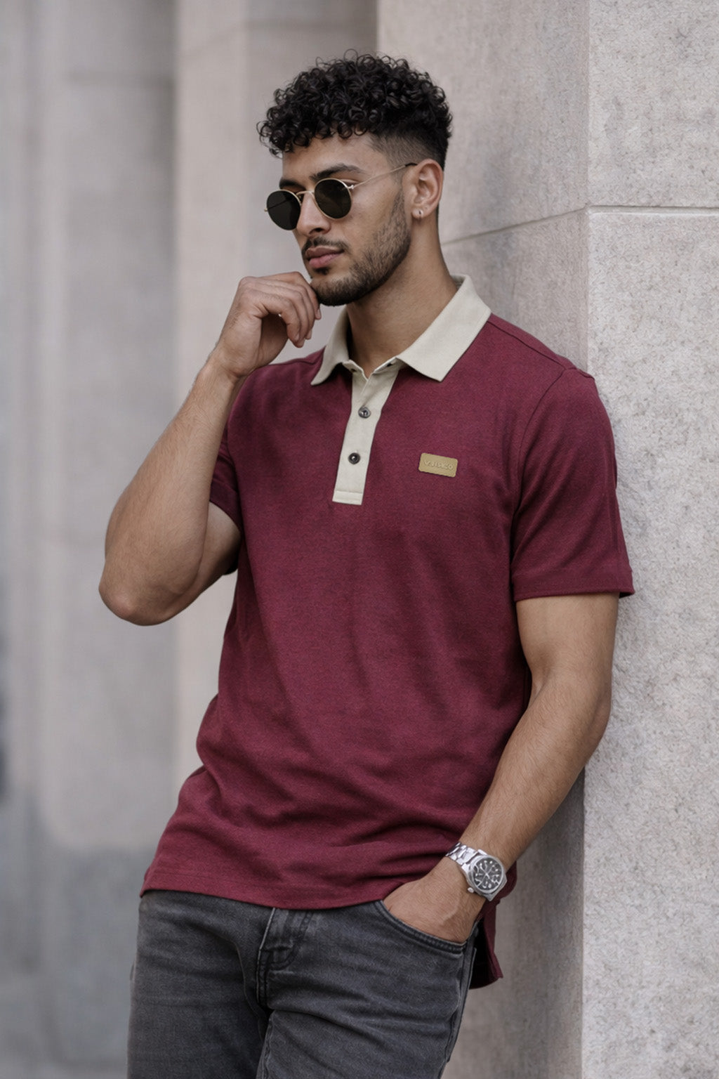 Maroon Contrast Collar Economic Regular Fit Pique Polo