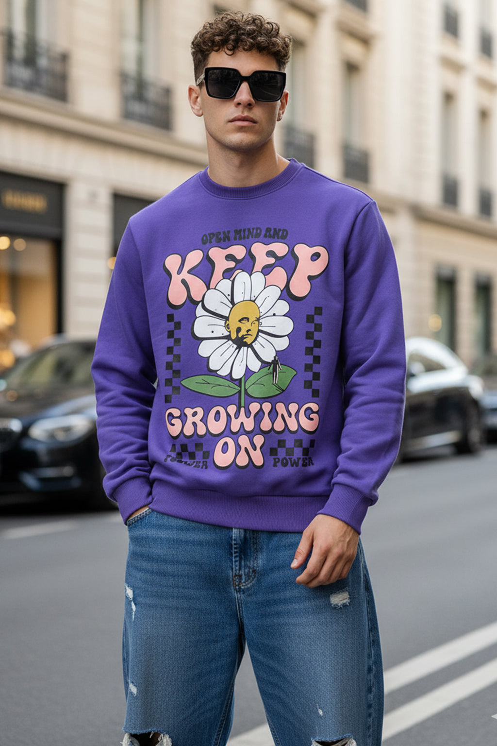 Keep Growing Purple Front Printed Regular Fit Sweatshirt