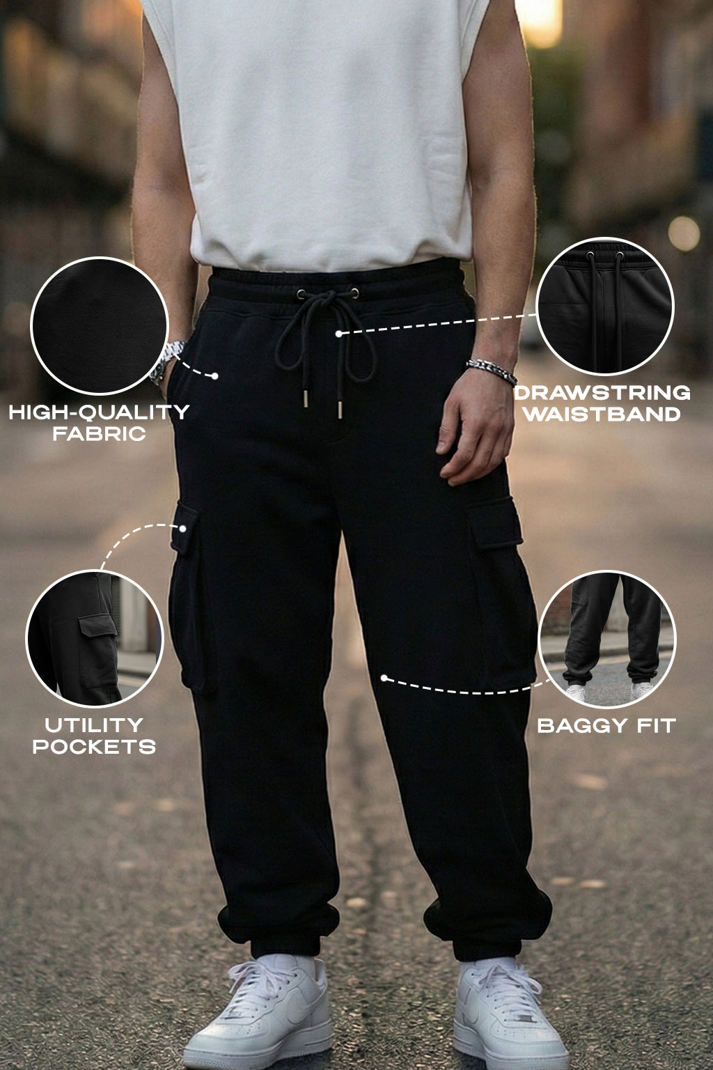 Black Solid Baggy Fit Cargo Joggers