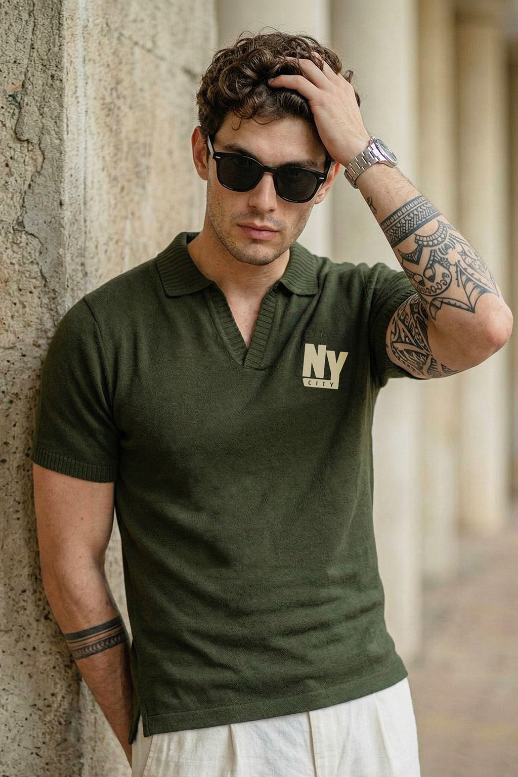 New York Olive Rib Collar Economic Regular Fit Pique Polo