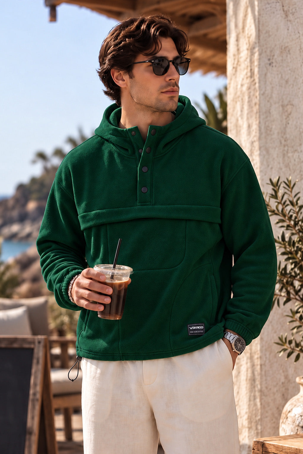Veirdo Green Oversized Plain Button-Neck Pullover Hoodie
