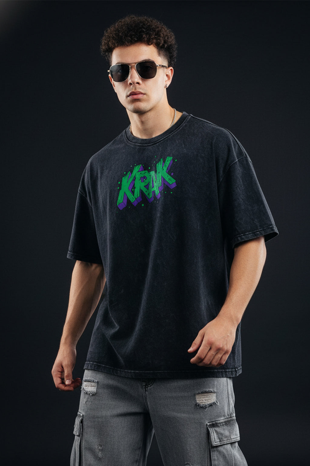 Krak Black Oversized Acid Washed Graphic Back Printed Exclusive T-shirt