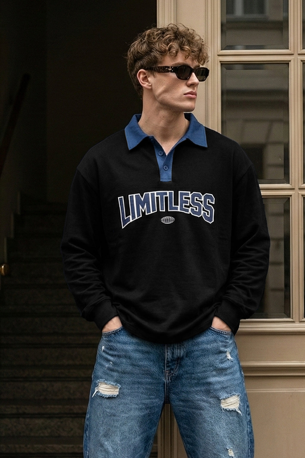 Limitless Balck & Navy Oversized Full Sleeve Polo T-shirt