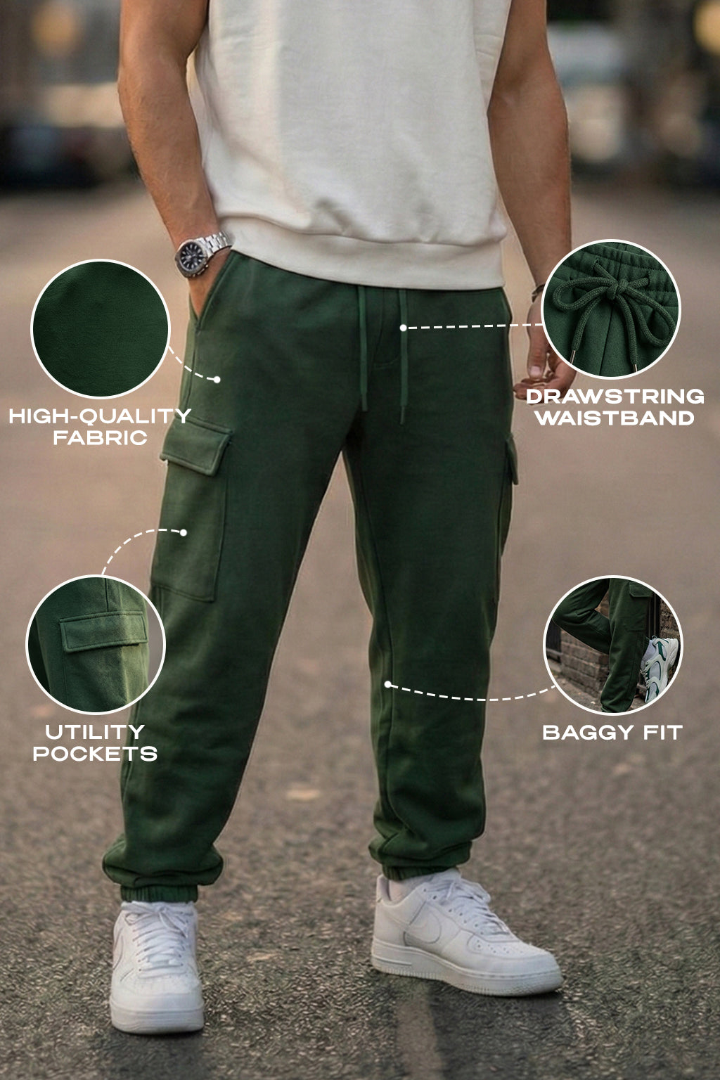 Olive Green Solid Baggy Fit Cargo Joggers