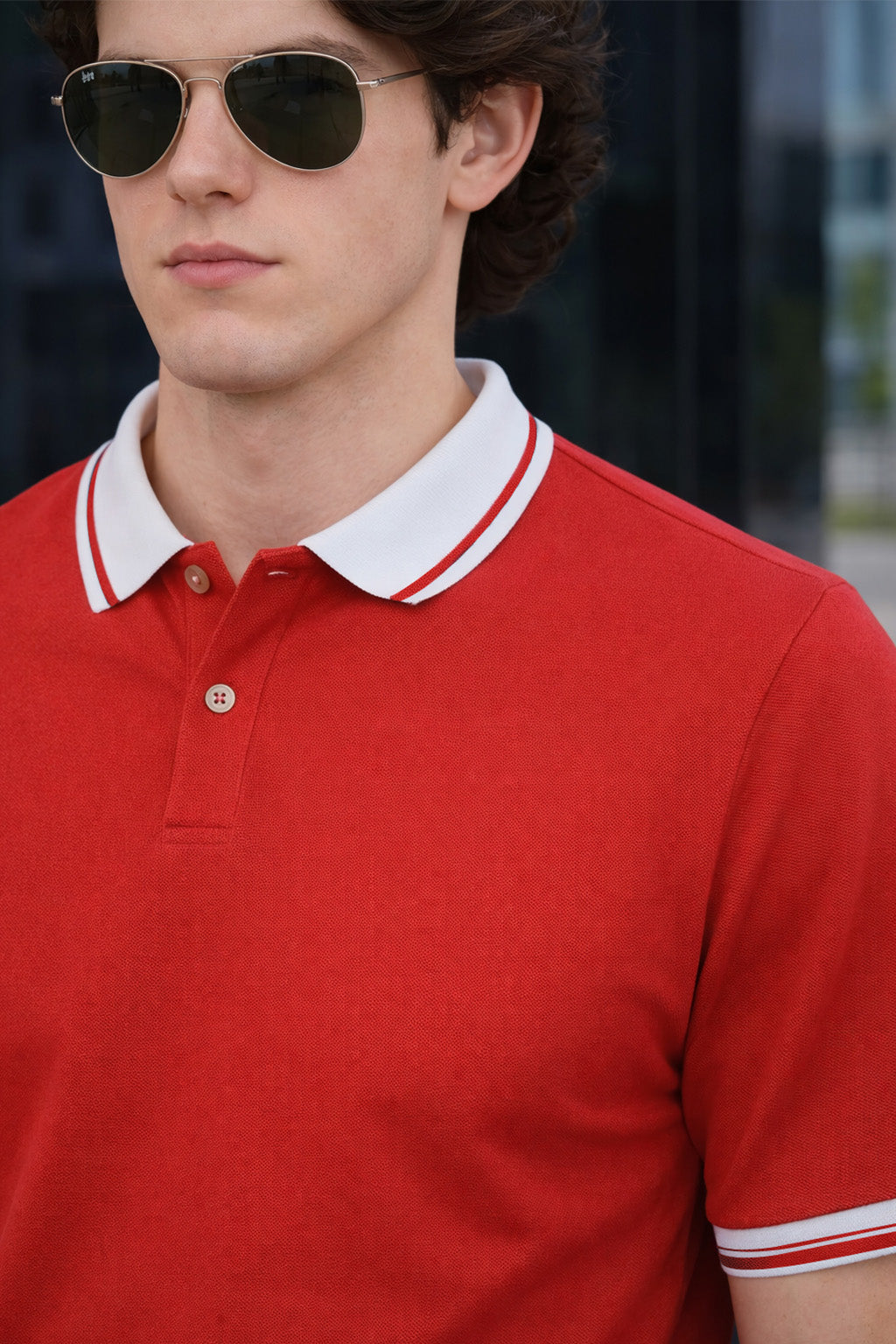 Red Pique Stripe Collar Regular Fit Tipping Polo T-shirt