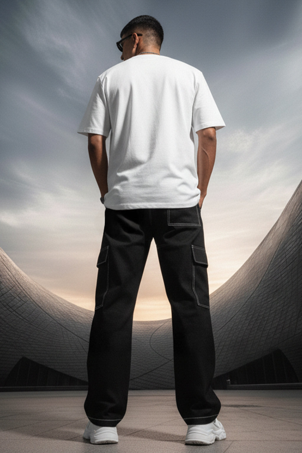 Black Pure Woven Straight Fit 5 Pocket Cargo