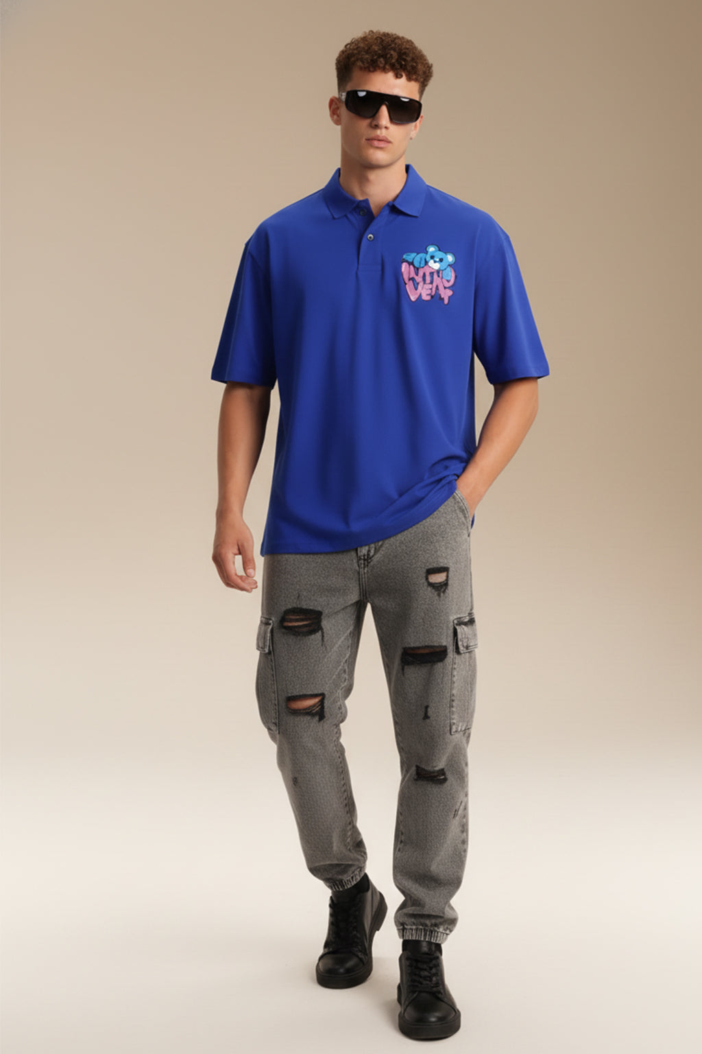 Introvert Blue Oversized Polo T-shirt