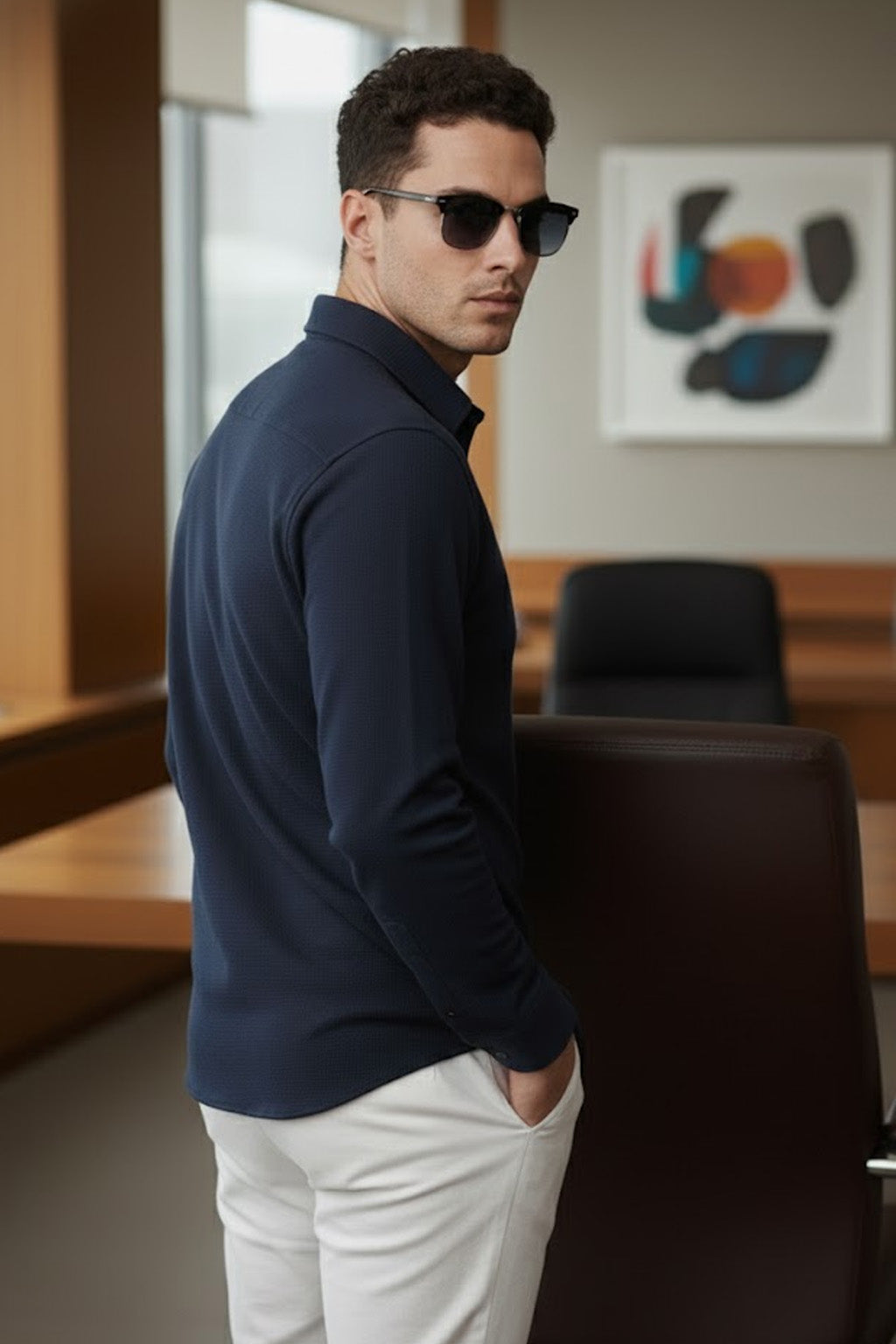 Navy Plain Regular Fit Single Pocket Full Sleeve Exclusive Shirt