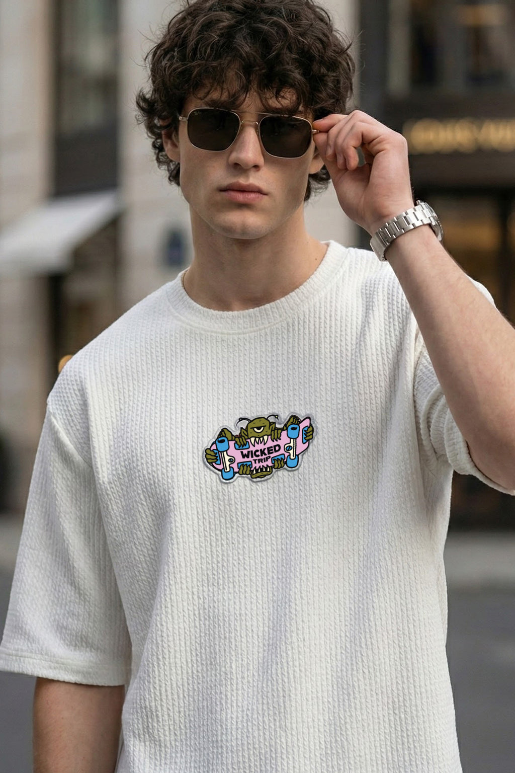 Wicked Trip White Oversized Textured Exclusive T-shirt