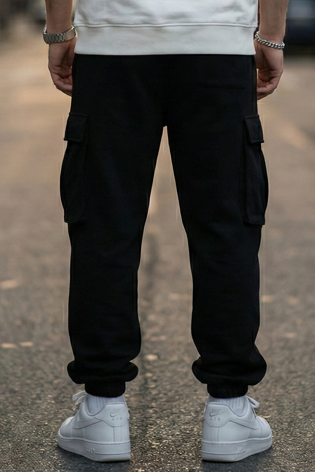 Black Solid Baggy Fit Cargo Joggers