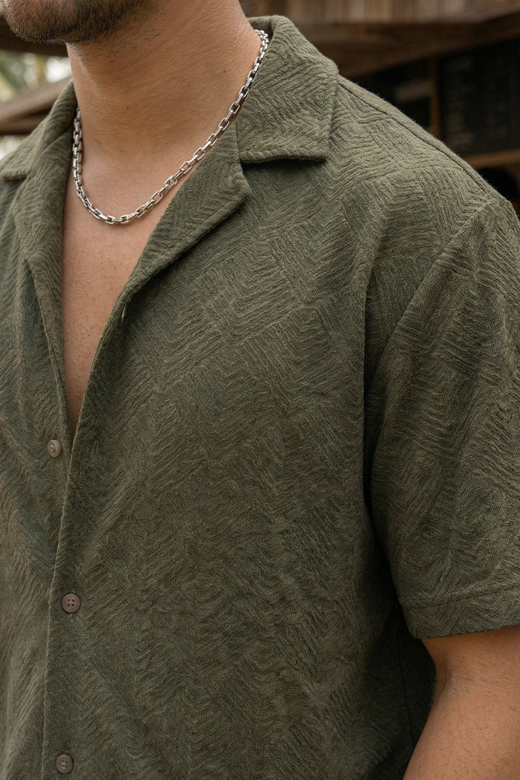 Olive Jacquard Plain Oversized Exclusive Shirt
