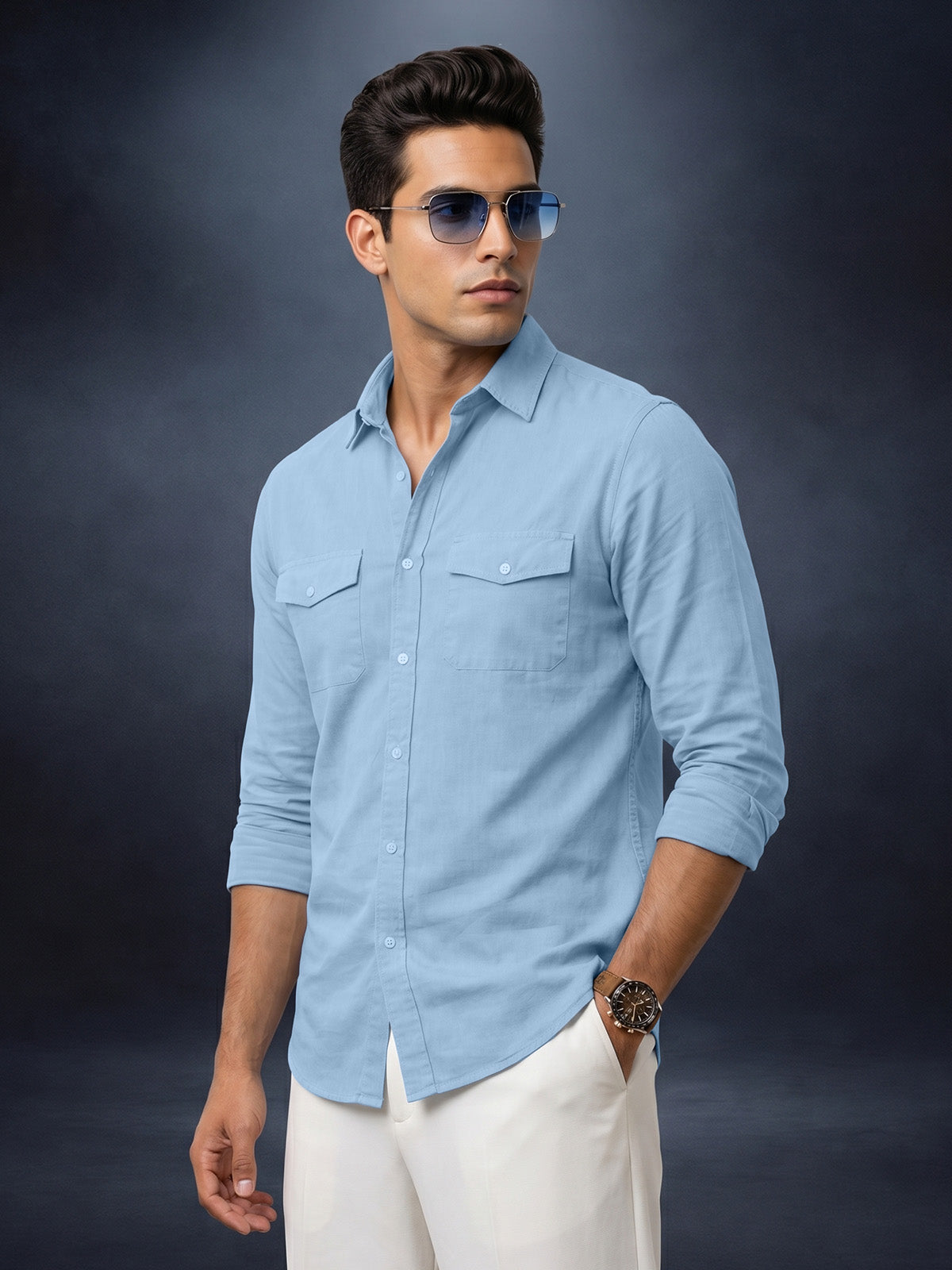 Sky Blue Plain Relaxed Fit Full Sleeve Dual Pocket Utility Exclusive Shirt