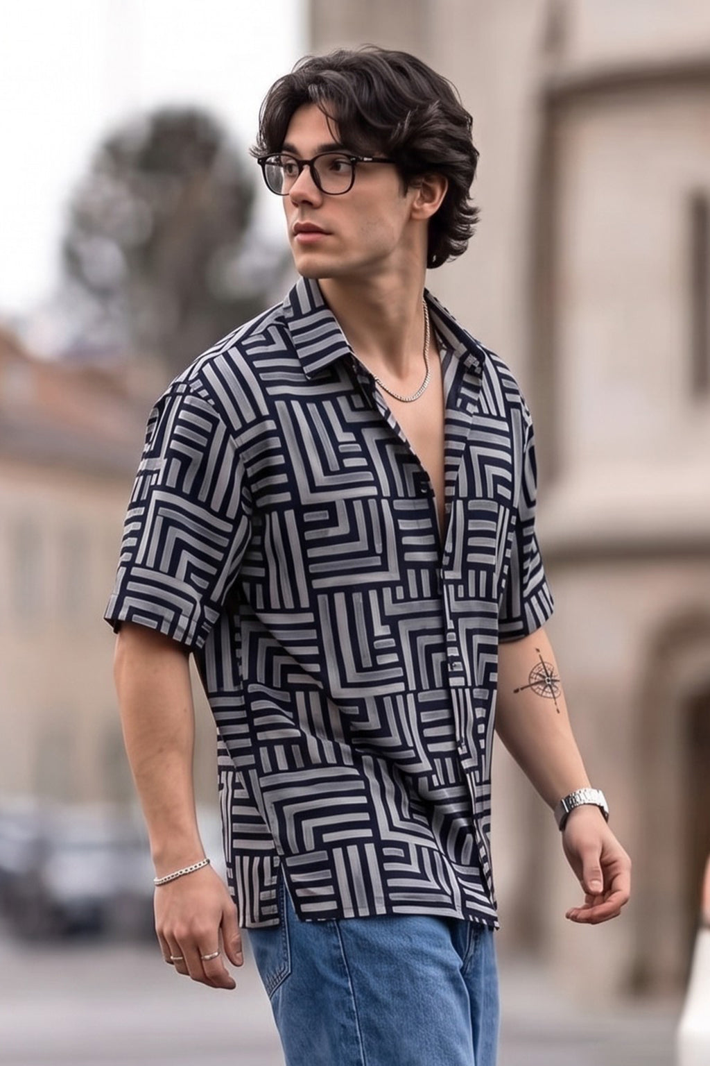 Geo Lines Black All Over Printed Oversized Exclusive Shirt