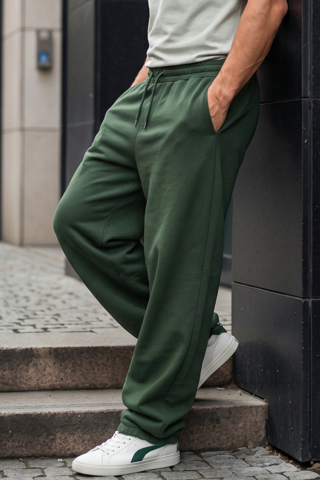 Olive Green Minimalist Loopknit Loose Fit Streetwear Jogger