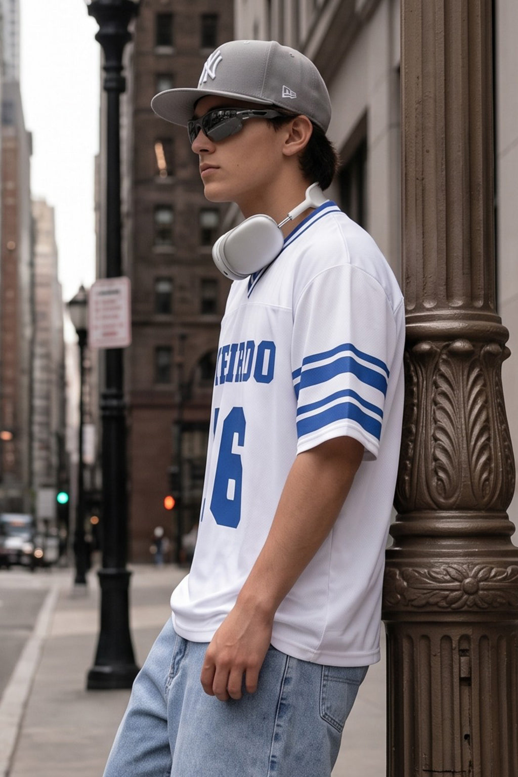 Veirdo 16 Blue & White Varsity Collar Oversized T-Shirt