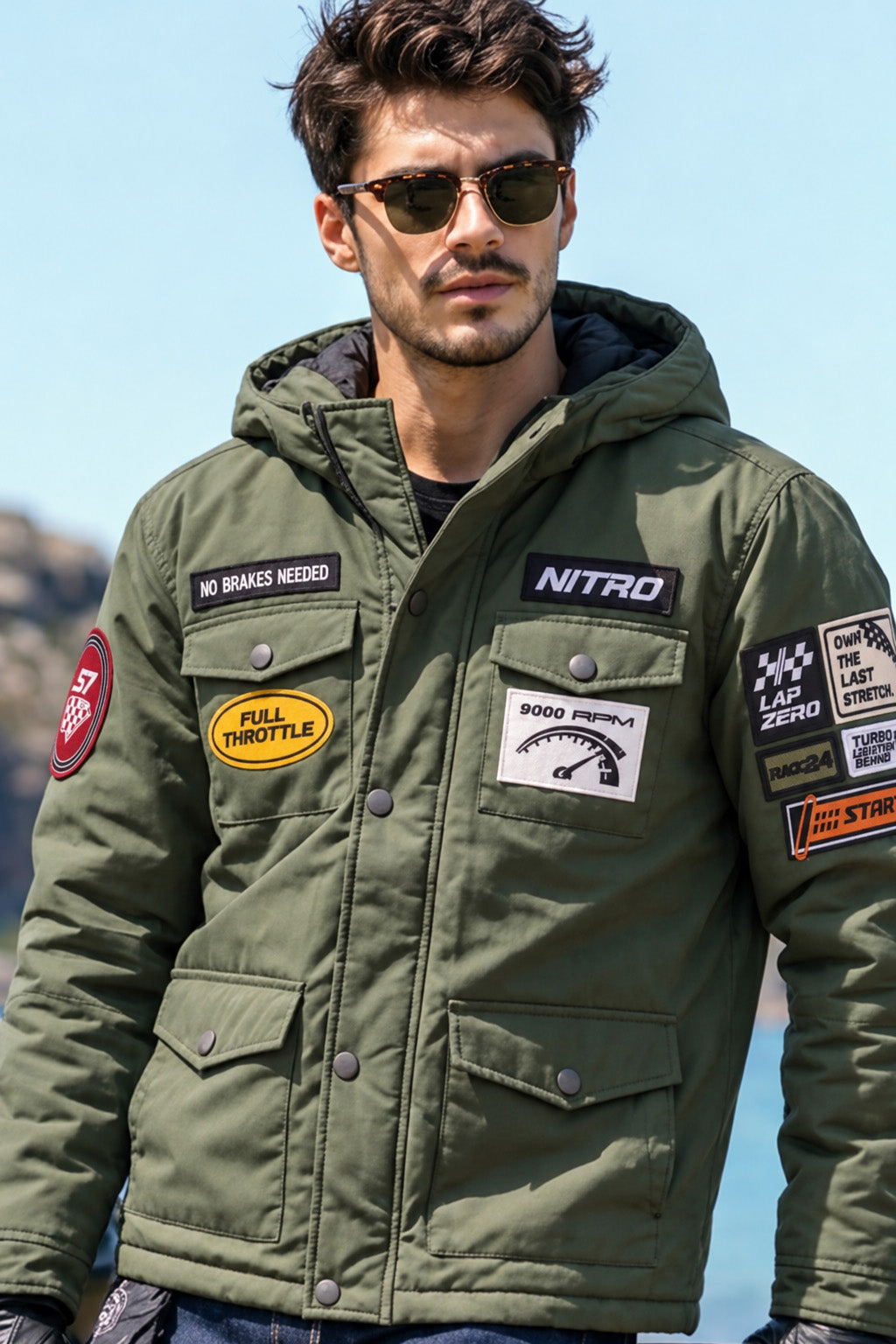 Olive Green Multi-Patch Functional Pocket Hooded Jacket