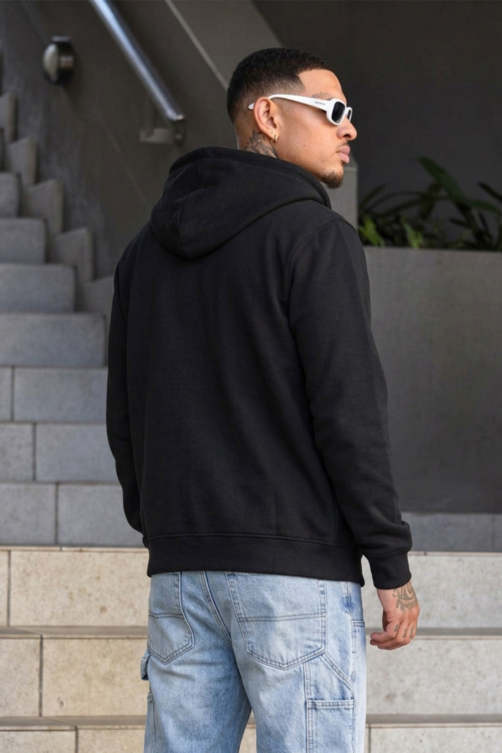 Black Ribbed Cuff Regular Fit Zip-Up Hoodie