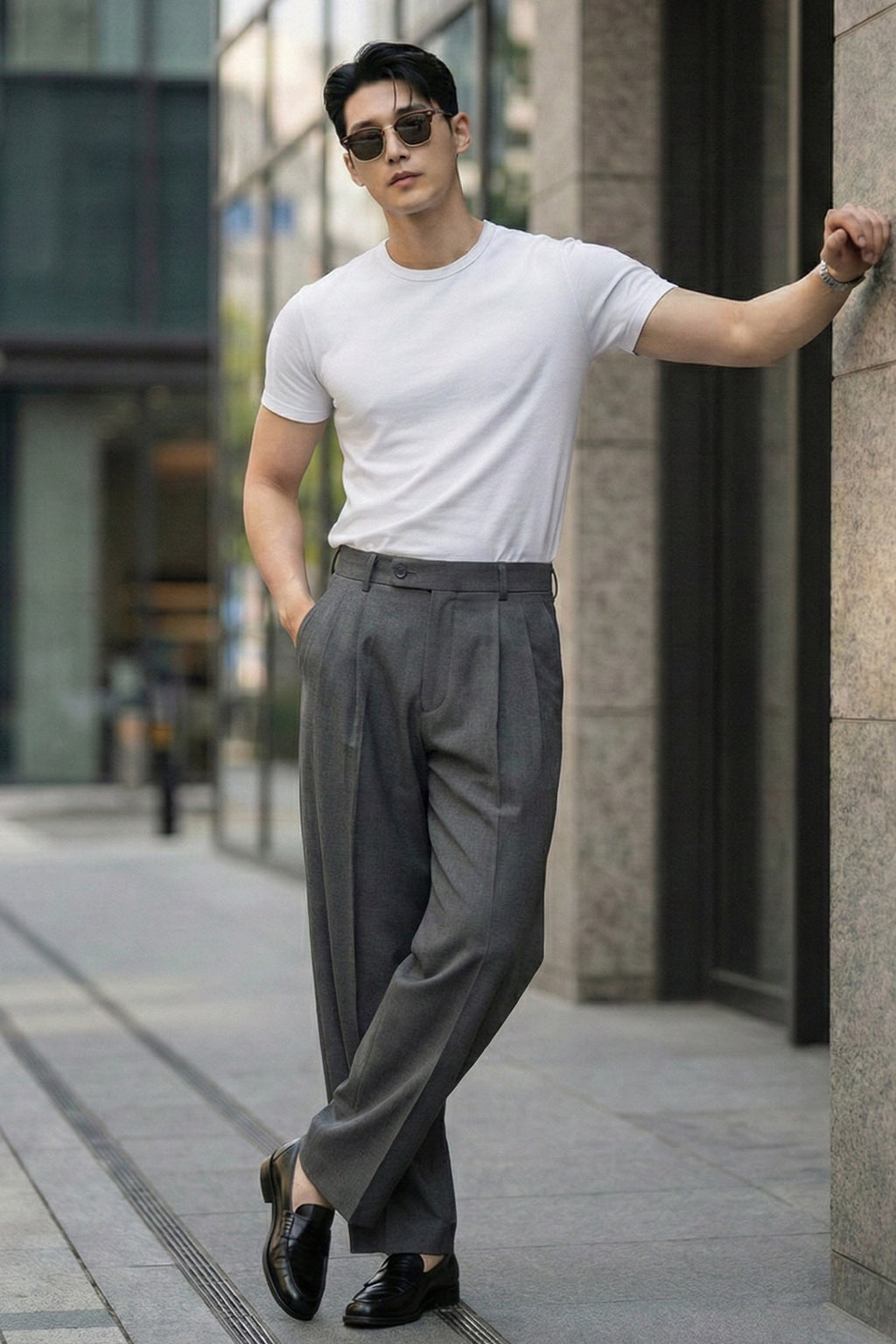 Grey Tailored High-Waist Formal Wide-Leg Korean Pant