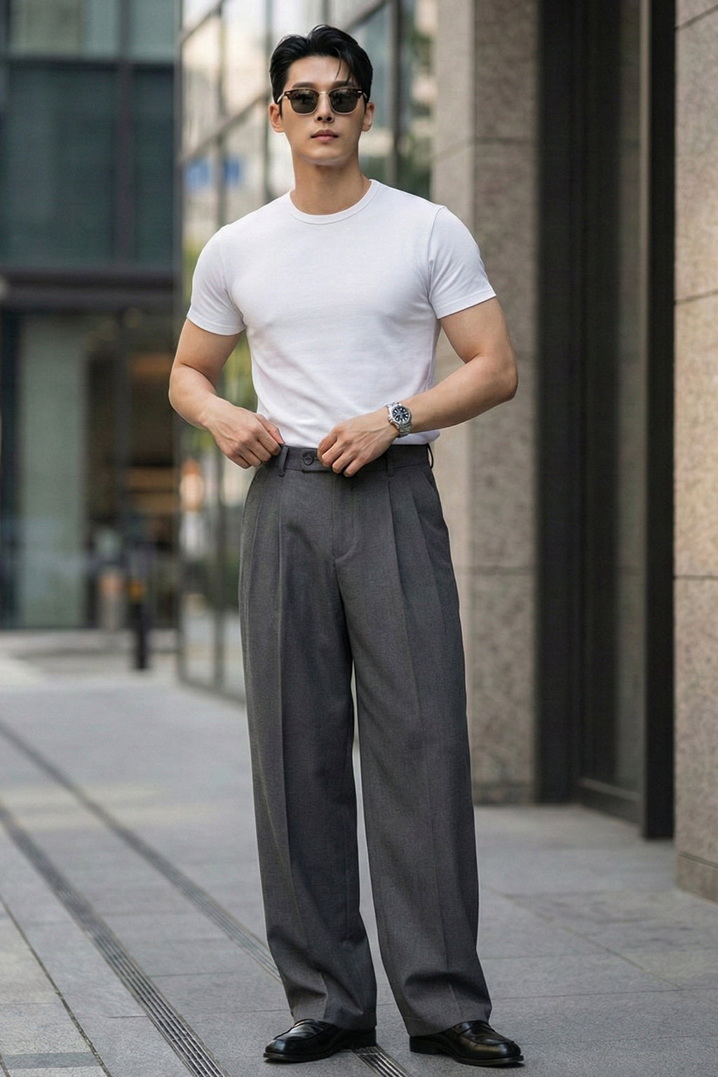 Grey Tailored High-Waist Formal Wide-Leg Korean Pant
