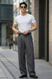 Grey Tailored High-Waist Formal Wide-Leg Korean Pant