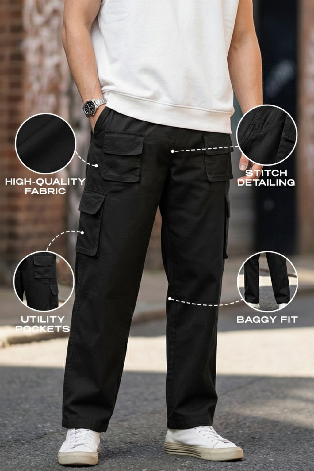 Black Pure Cotton Baggy Fit 6 Pocket Cargo