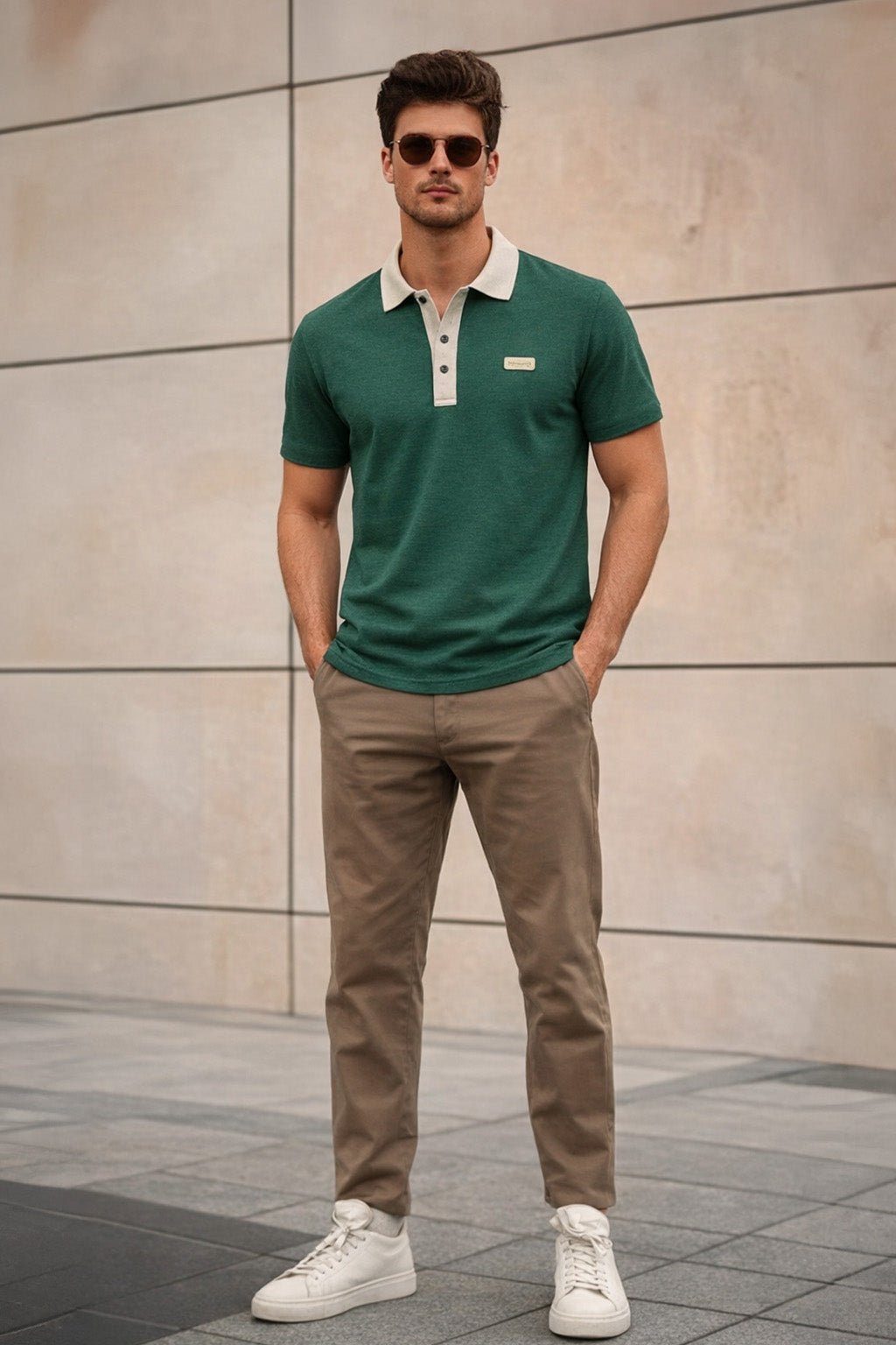 Green Contrast Collar Economic Regular Fit Pique Polo
