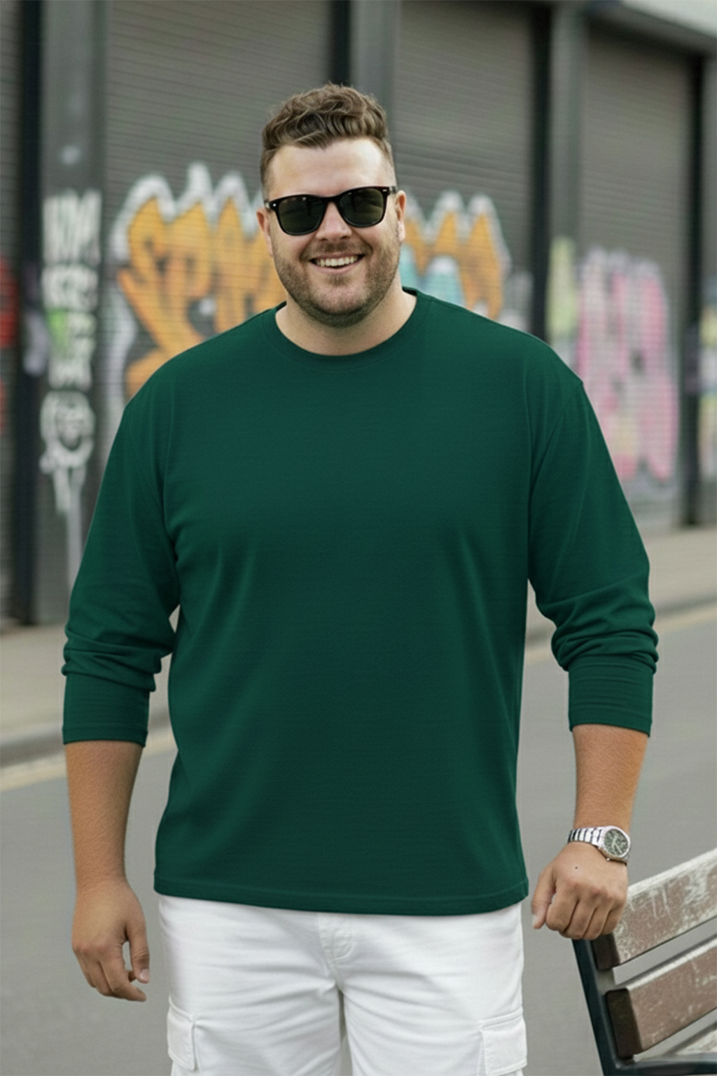 Green Plain Full Sleeve Plus Size T-shirt