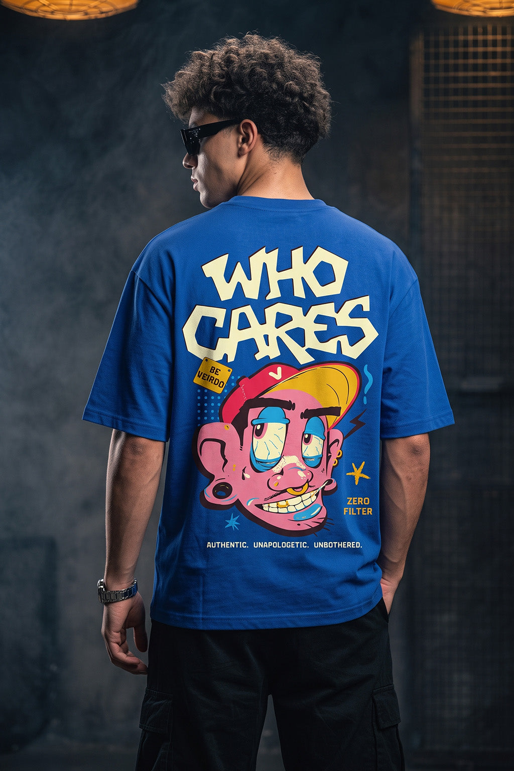 Who Cares Royal Blue Oversized Printed T-shirt
