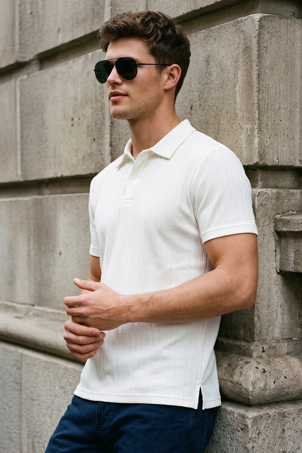White Cross Lining Jacquard Regular Fit Button Polo