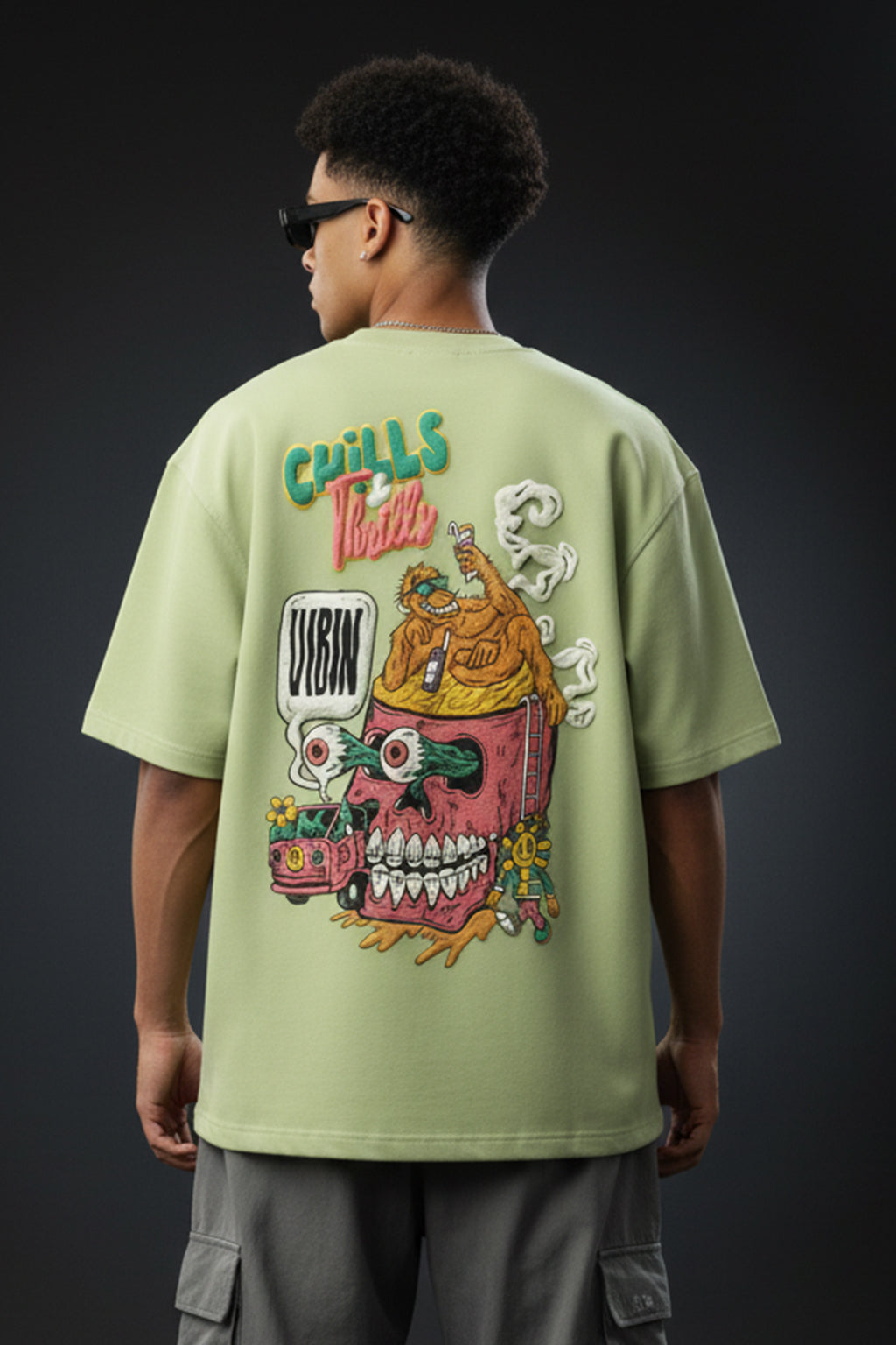 Chill Thrills Lime Green Oversized Puff Printed Exclusive T-shirt