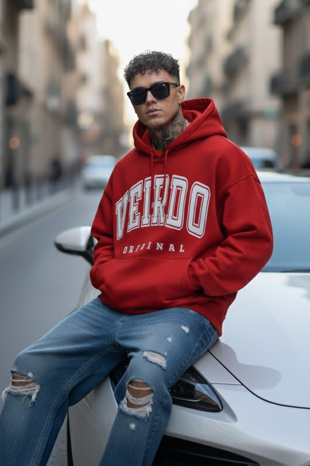 Veirdo Original Red Front Graphic Oversized Printed Hoodie