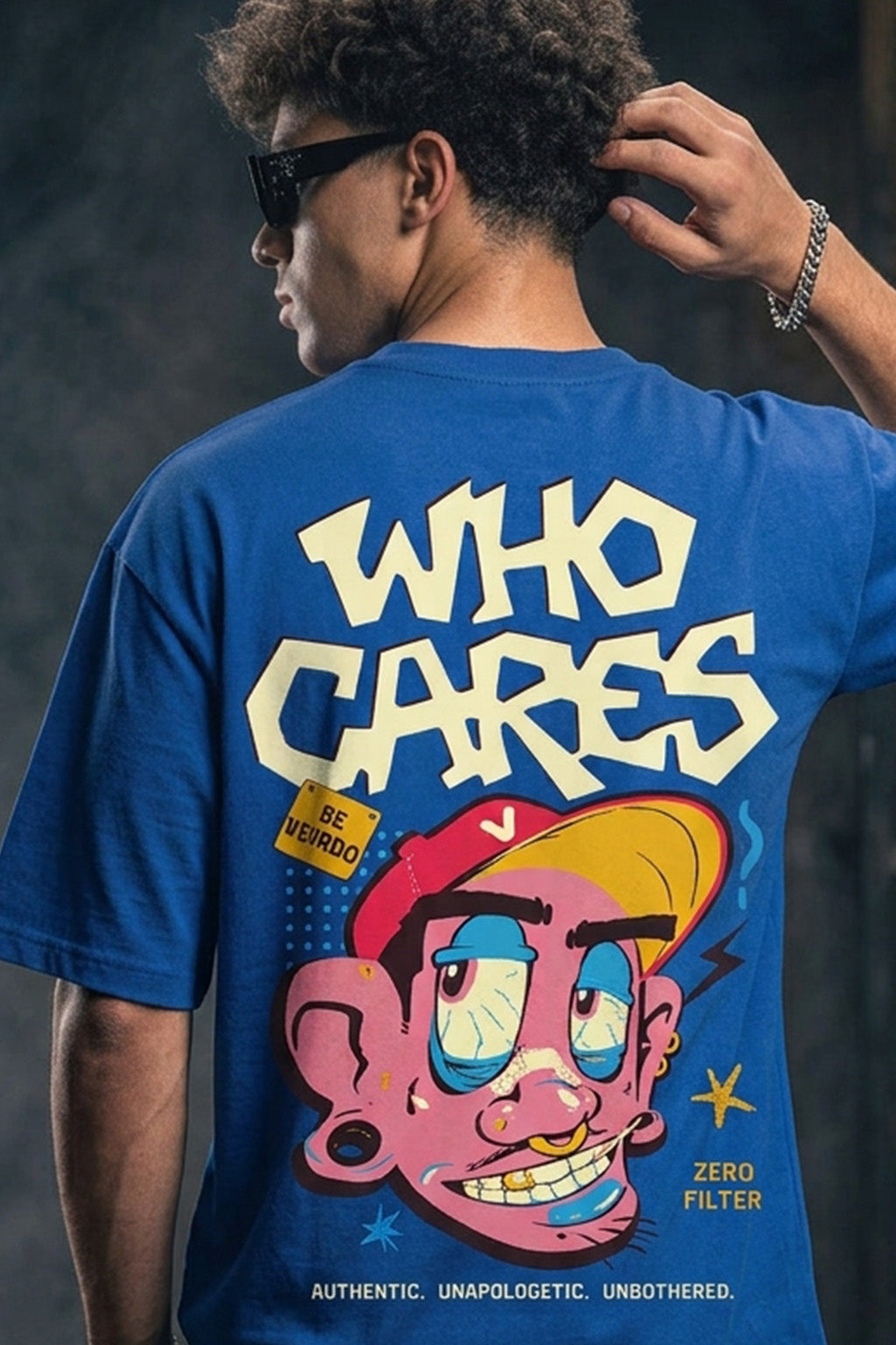 Who Cares Royal Blue Oversized Printed T-shirt