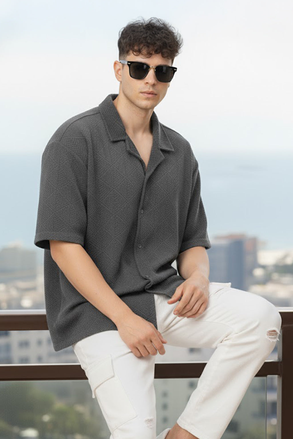 Grey Jacquard Plain Oversized Exclusive Shirt