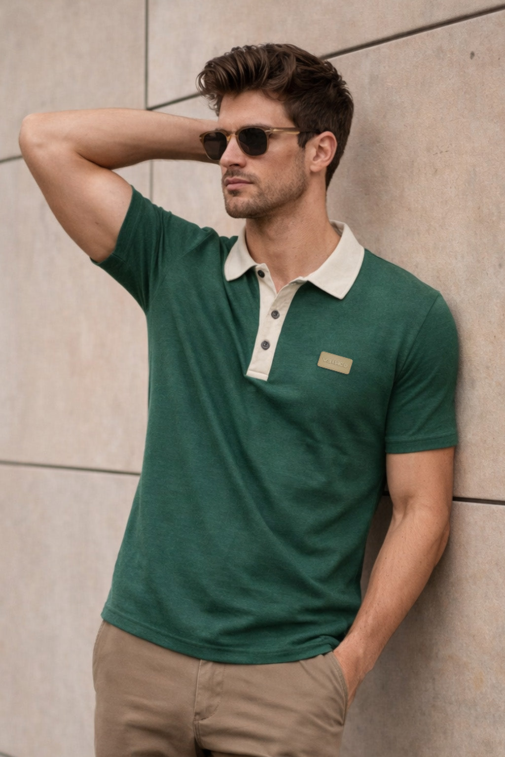 Green Contrast Collar Economic Regular Fit Pique Polo