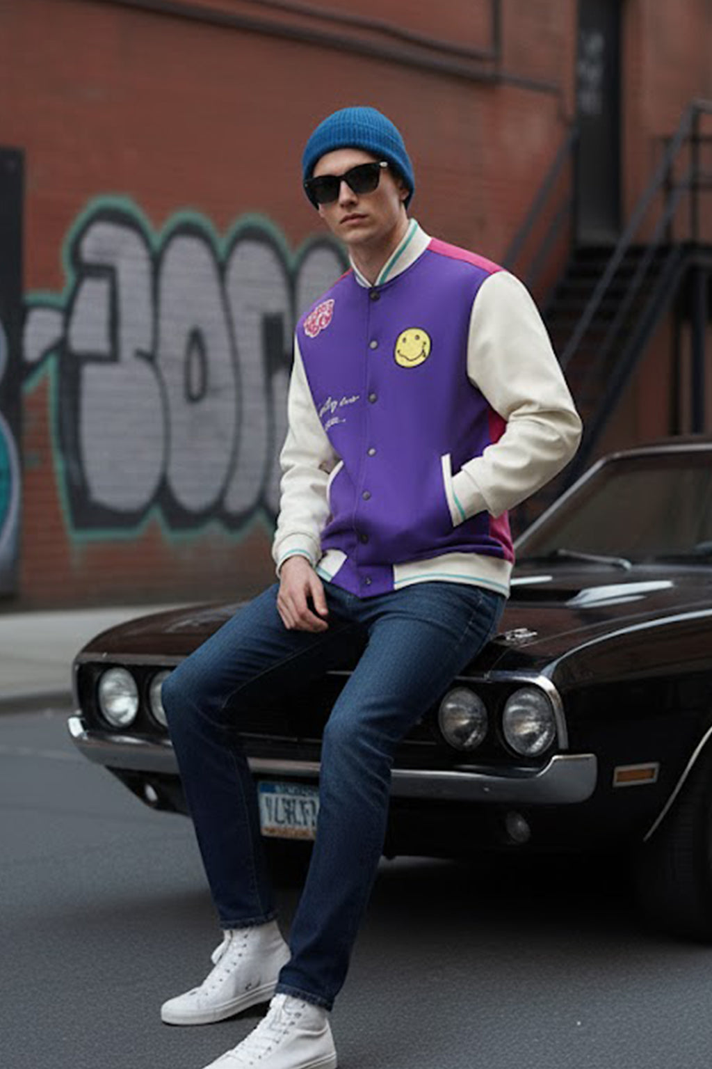 Purple Front Graphic Printed Varsity Jacket