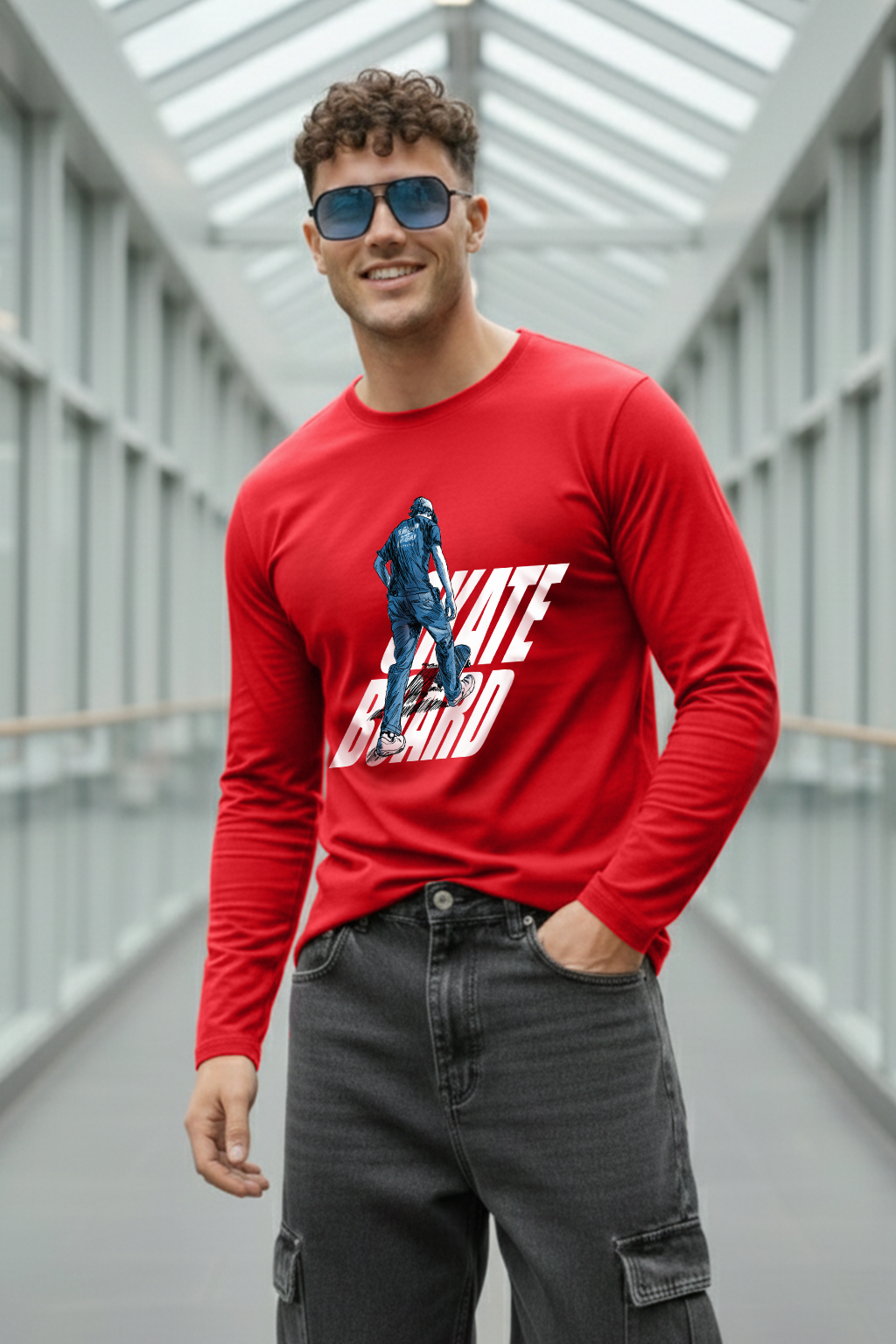 Skate Board Red Full Sleeves Regular Fit Printed T-shirt