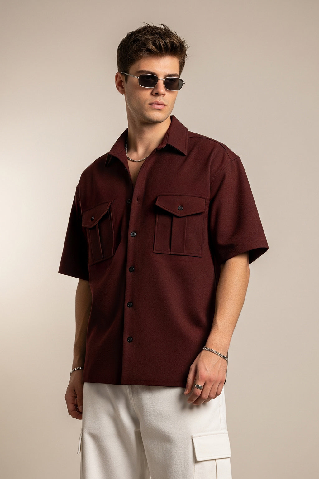 Brown Oversized Half Sleeve Dual Pocket Utility Exclusive Shirt
