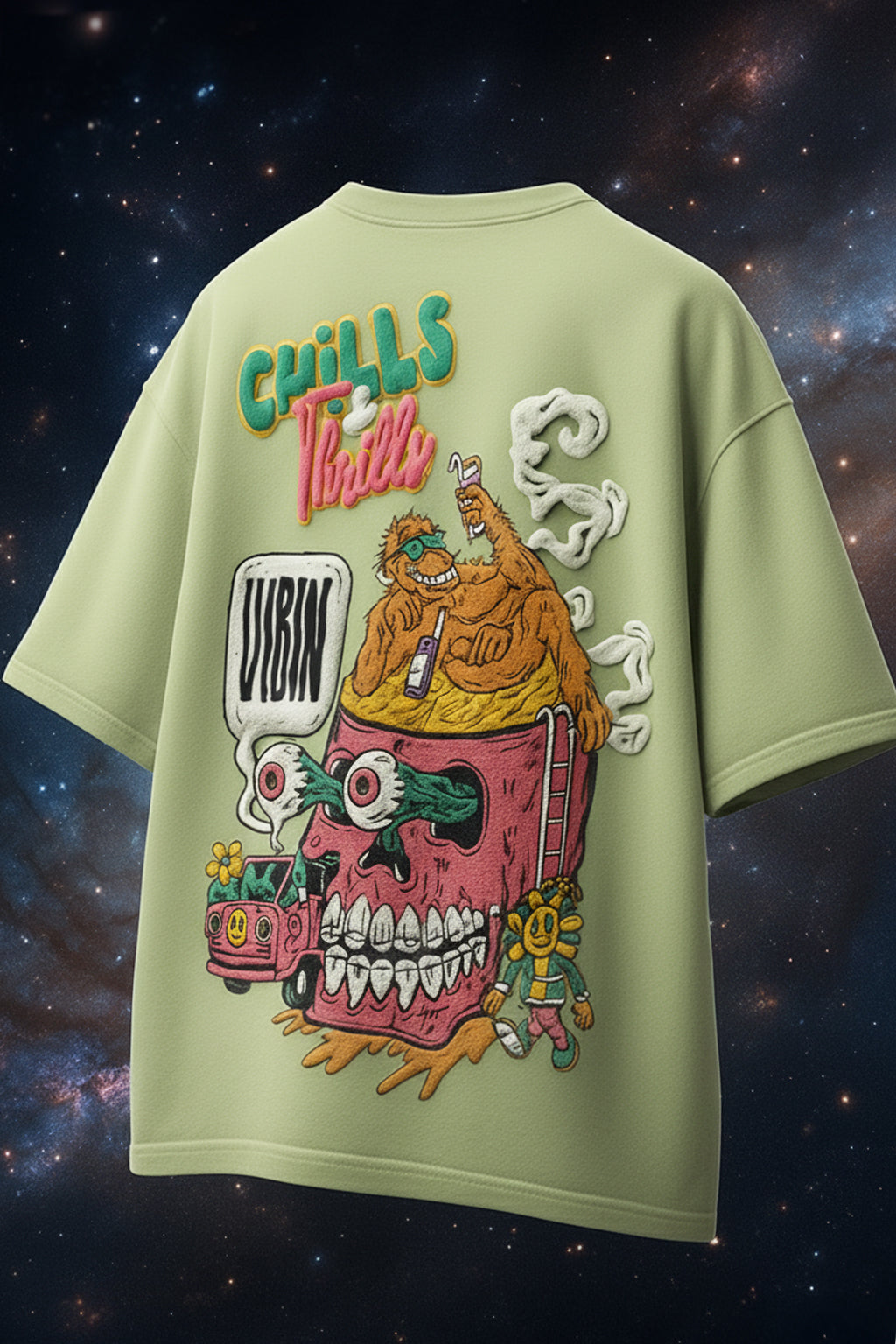 Chill Thrills Lime Green Oversized Puff Printed Exclusive T-shirt
