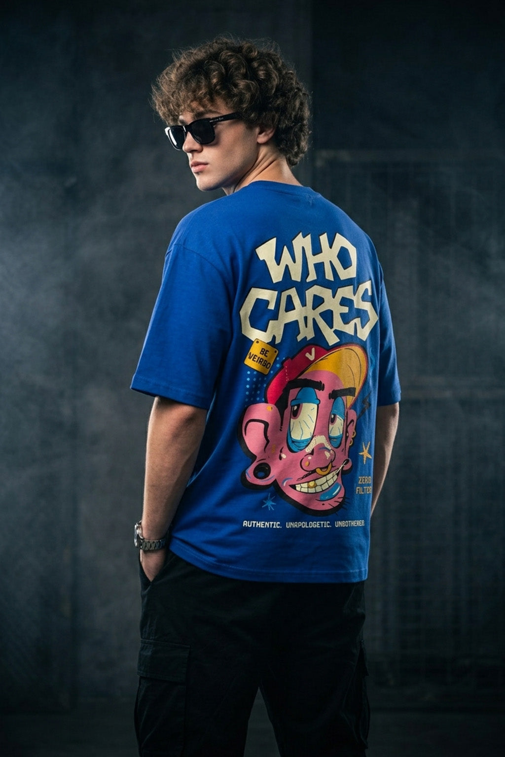 Who Cares Royal Blue Oversized Printed T-shirt