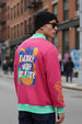 Magenta Back Typographic Printed Varsity Jacket